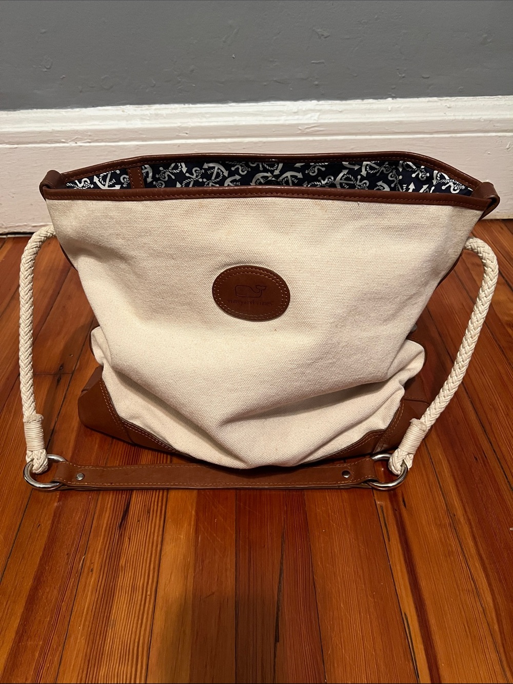 Vineyard Vines Cream Canvas Tote with Brown Leather Trim and Rope Straps